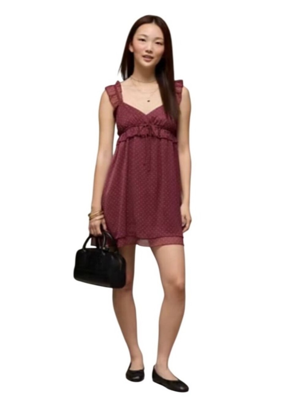 American Eagle Polka Dot Babydoll Dress Burgundy